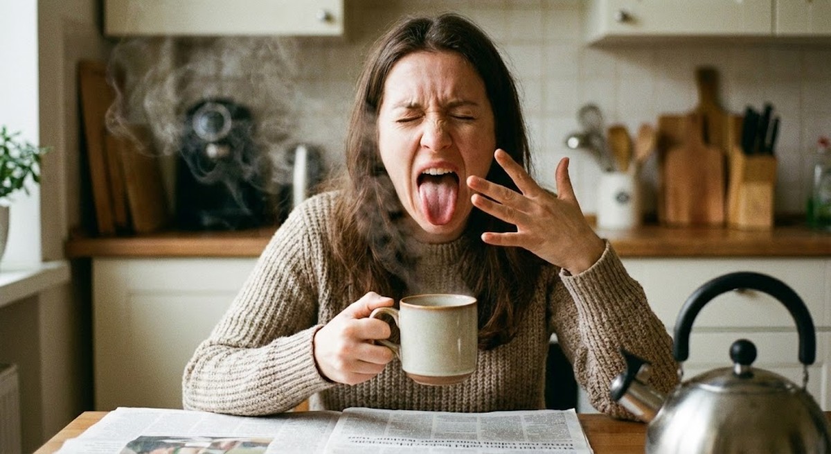 A person reacting to hot tea temperature.