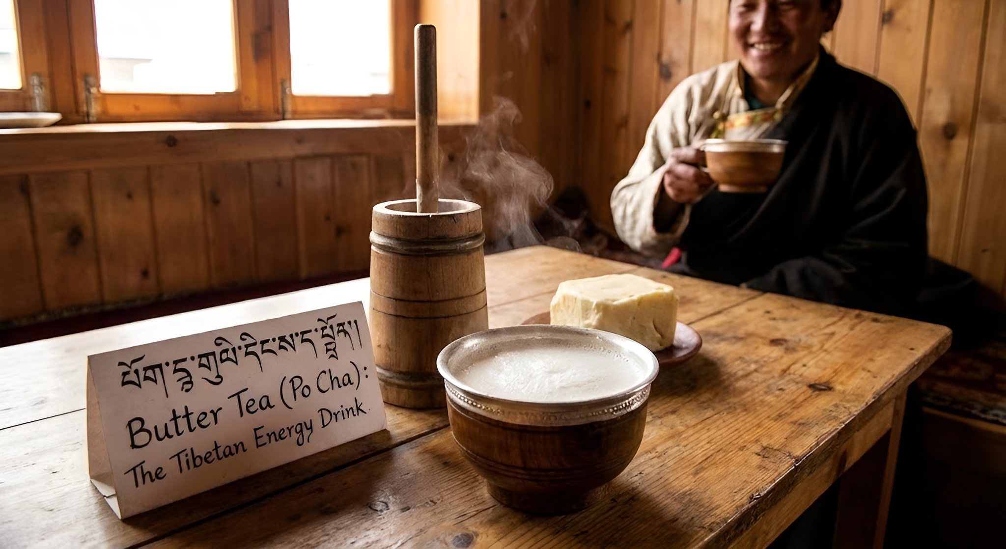 Tibetan nomad pouring butter tea.