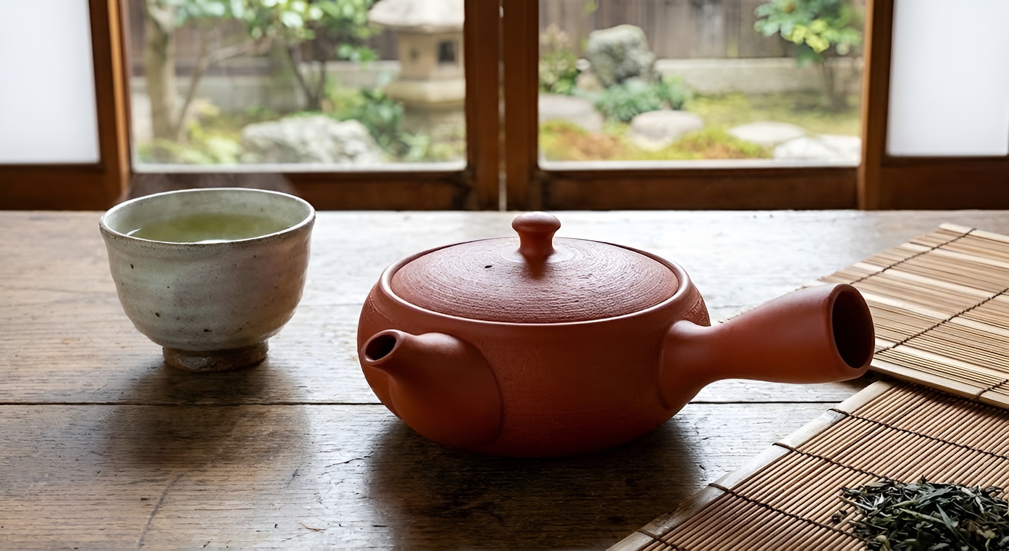 A red Tokoname Kyusu side-handle teapot.