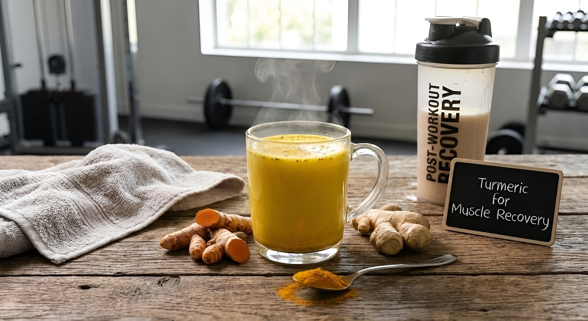 A glass of golden milk turmeric tea next to a foam roller.