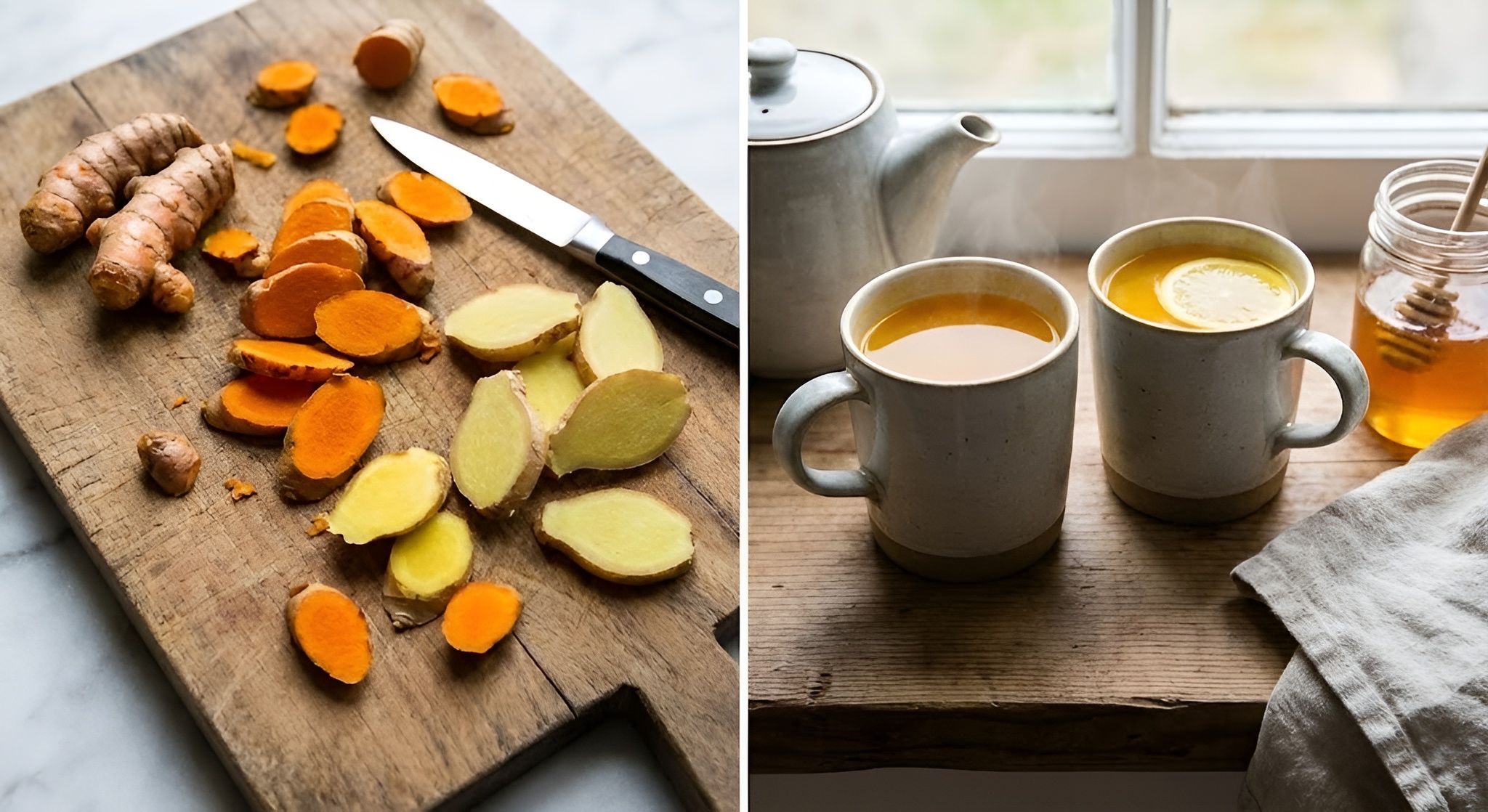 A visual comparison of bright orange turmeric root and pale yellow ginger root.