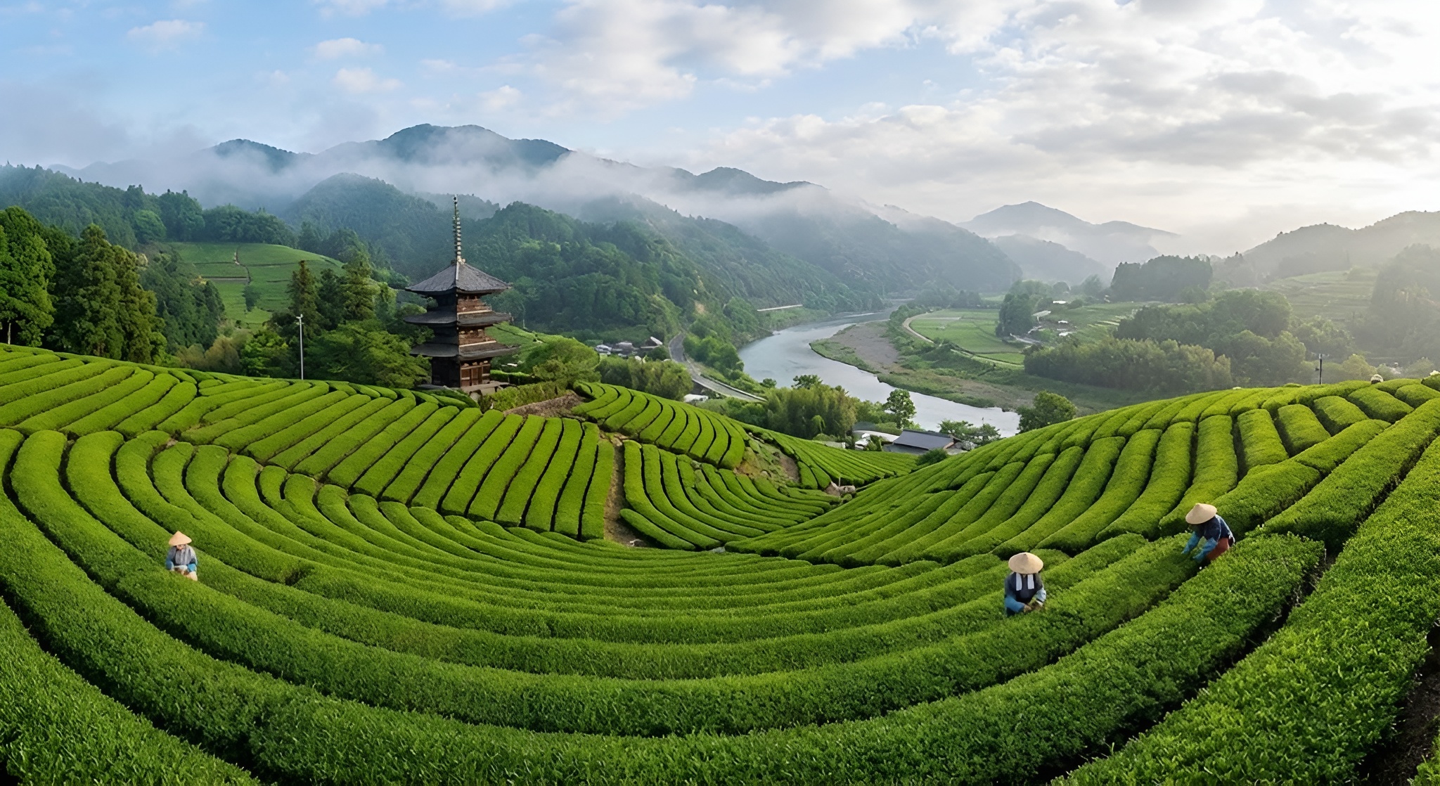 Traditional shaded tea fields in Uji, Japan.
