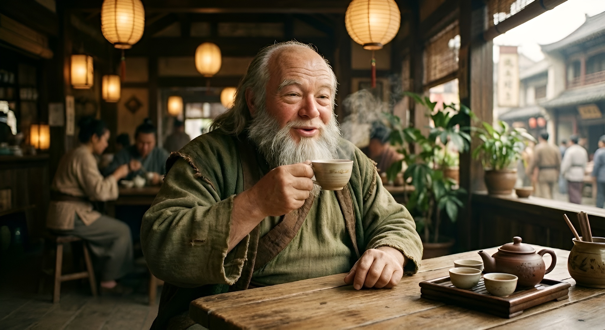 Uncle Iroh holding a cup of tea.