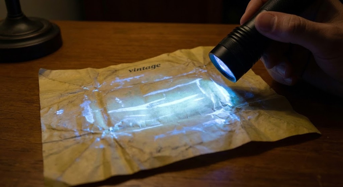 UV light revealing optical brighteners in fake vintage wrapper.