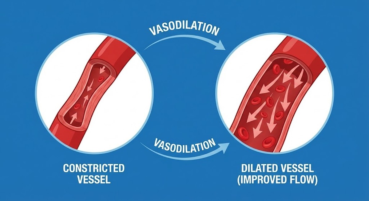 Blood vessels dilating showing improved blood flow.
