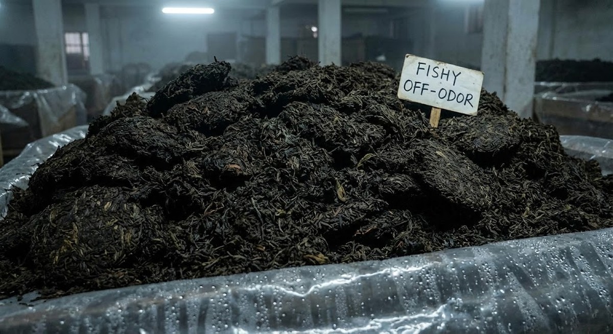 Wet-piled tea showing excessive moisture and fishy smell defect.