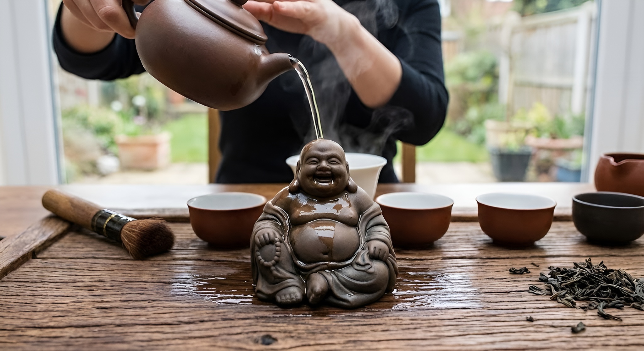 A clay tea pet on a tea tray.