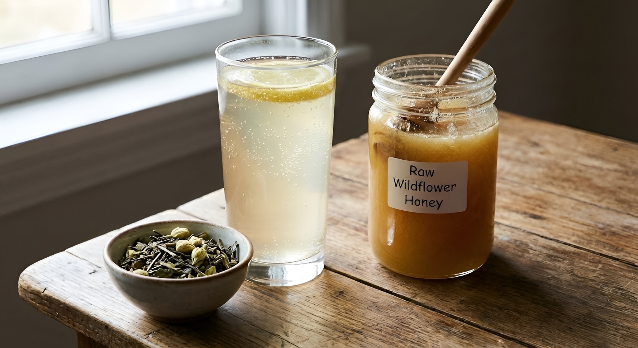 A glass of pale, fizzy Jun tea next to raw honey.