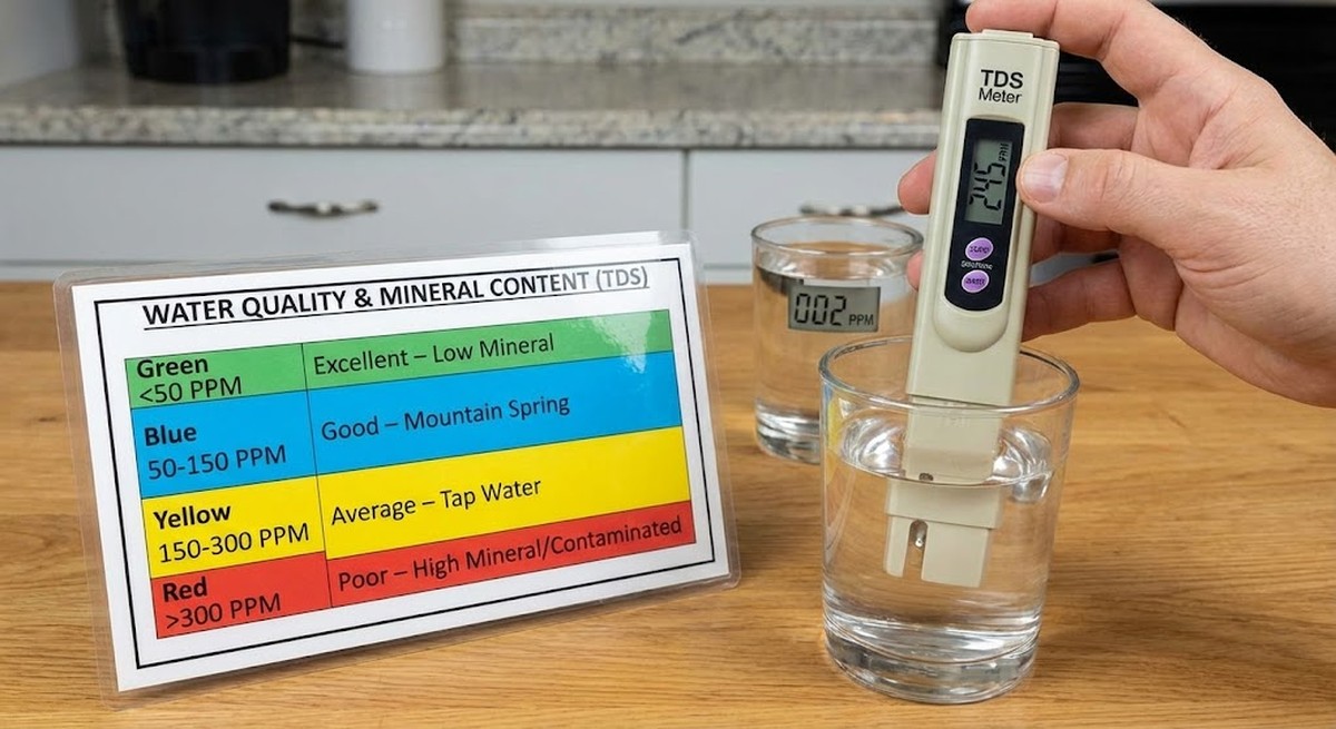TDS meter measuring water quality with mineral content chart.