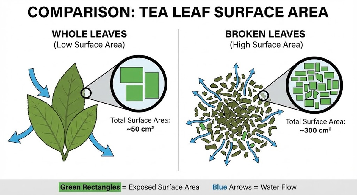 Comparison diagram showing surface area differences between whole and broken tea leaves.