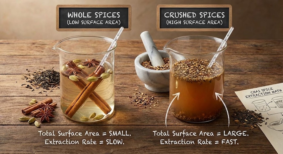 Chai surface area math showing whole vs crushed spice extraction