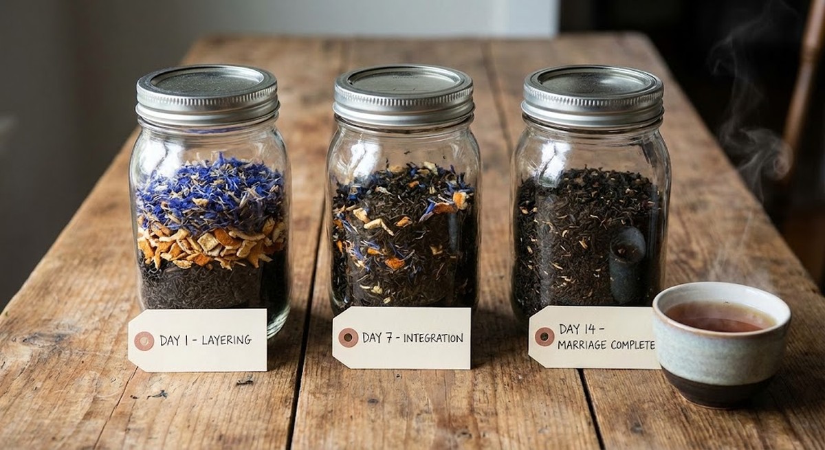 Tea blend marriage period showing flavor integration over 2 weeks