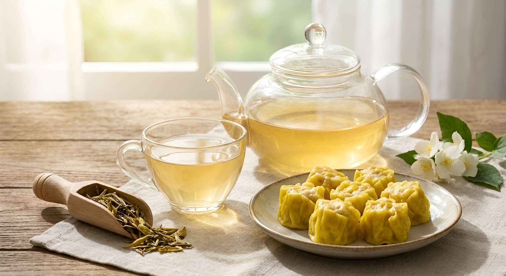 Glass cups of Yellow Tea buds standing vertically.