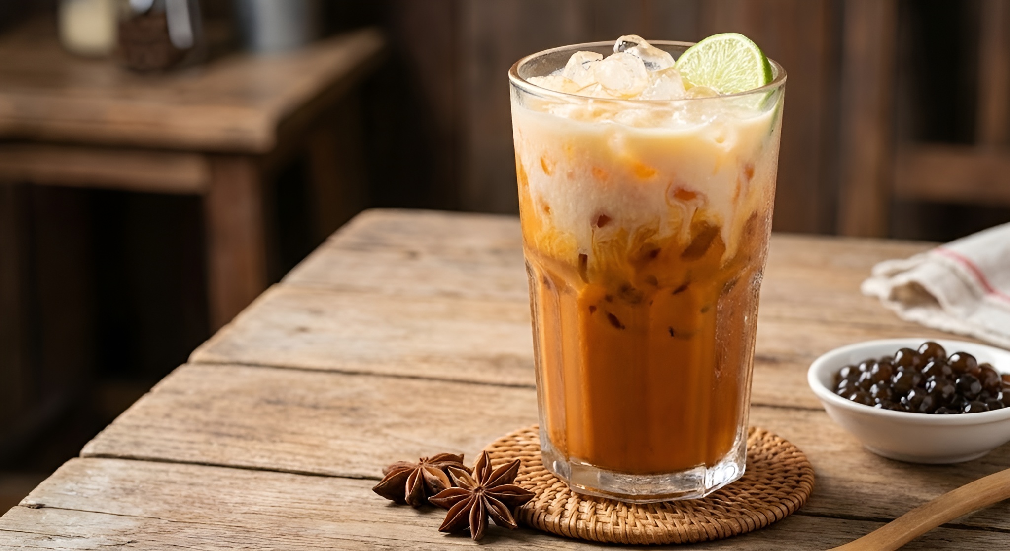 A glass of amber Thai iced tea with creamy milk topping.
