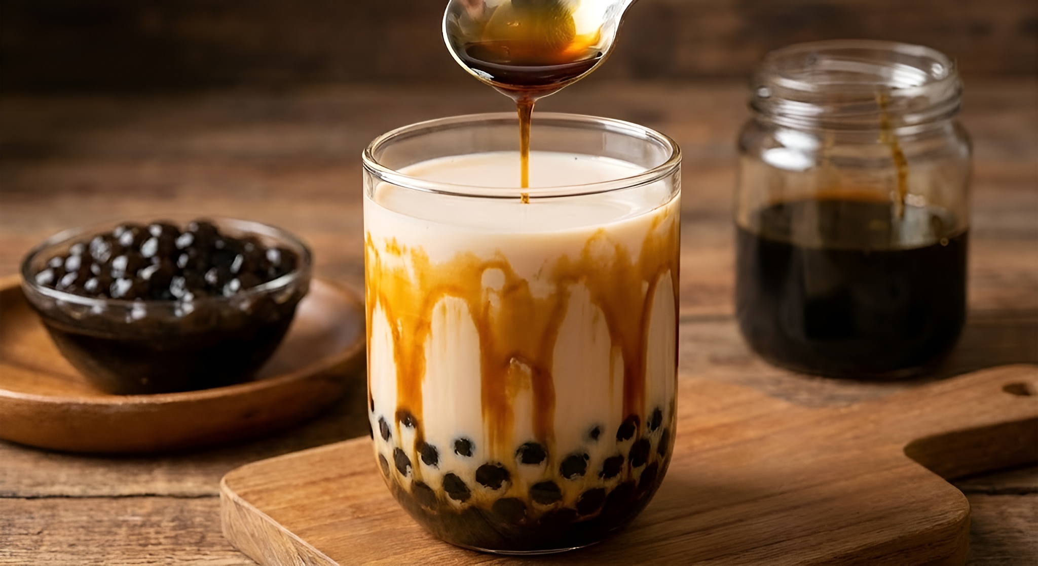 A glass of tiger milk tea with syrup stripes
