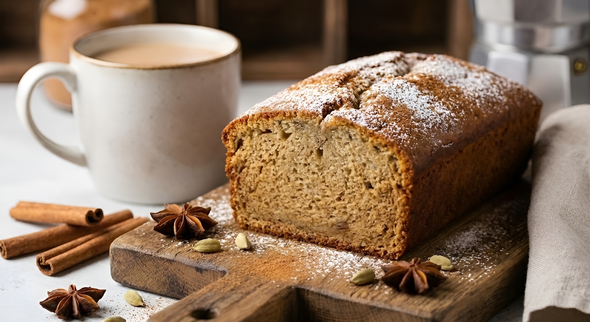 A slice of moist chai spiced banana bread.