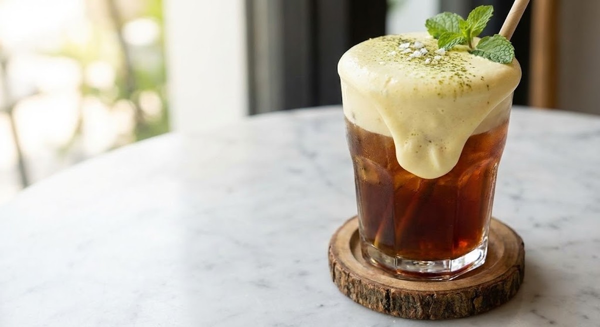 A glass of tea topped with thick white cheese foam
