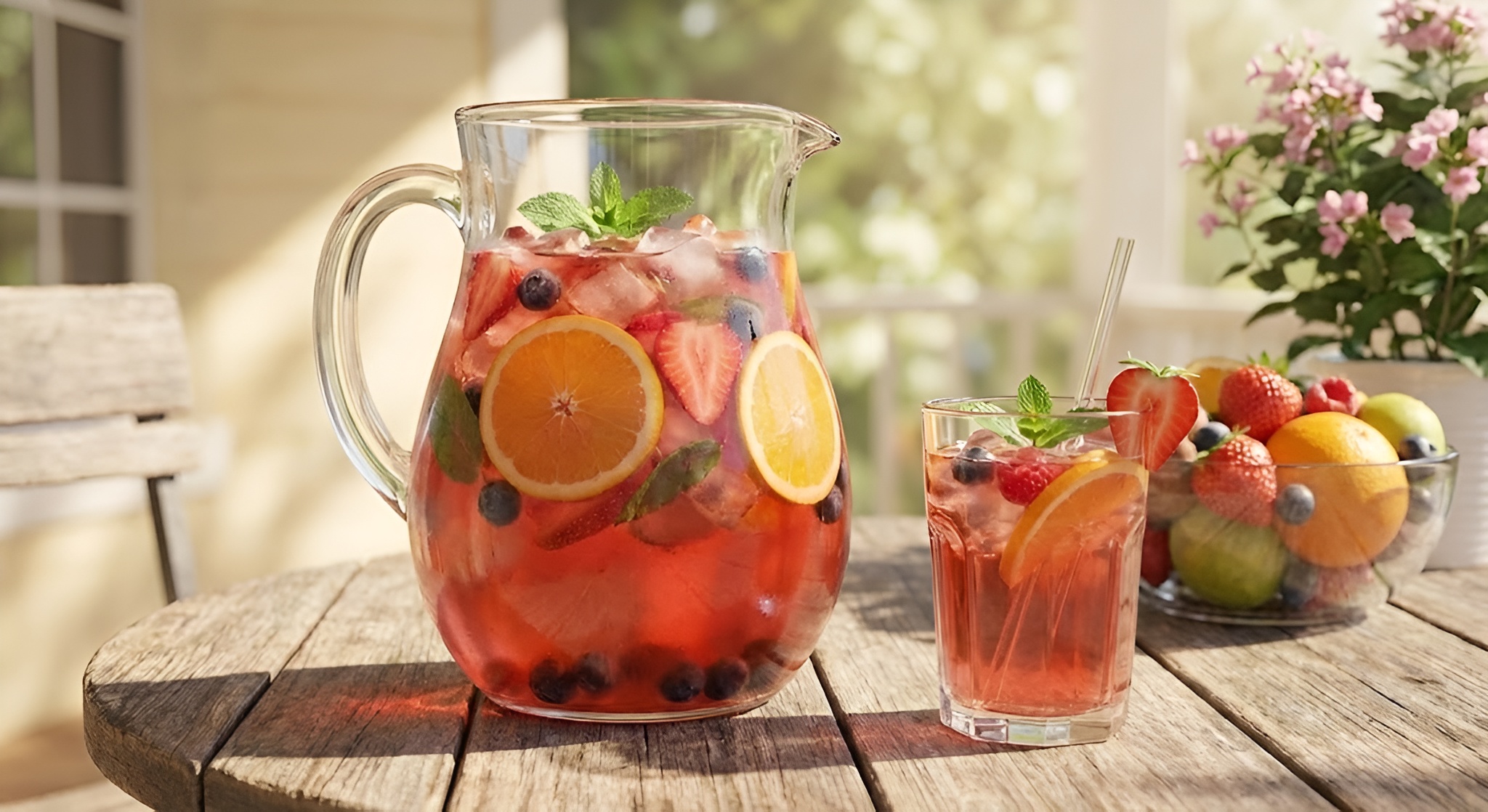 A pitcher of cold brew fruit tea with strawberries.