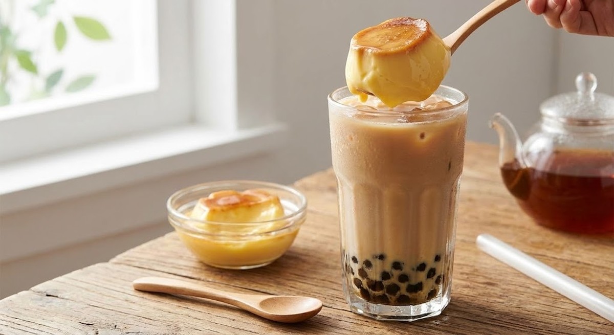 A glass of milk tea with yellow egg pudding chunks