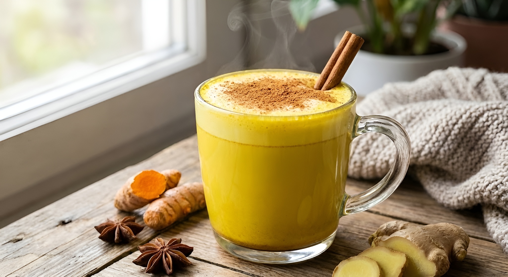 A yellow turmeric latte with spices
