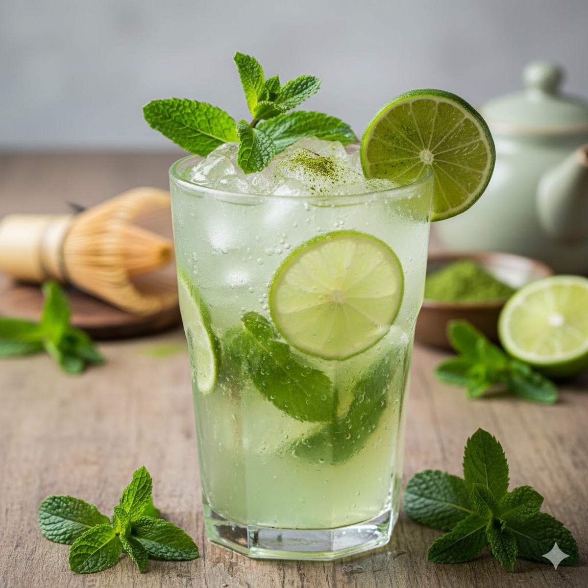 Green Tea Mojito Mocktail in a tall glass