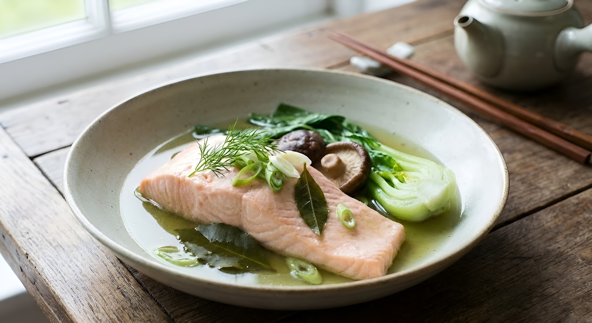 Fillet of salmon poached in green tea broth