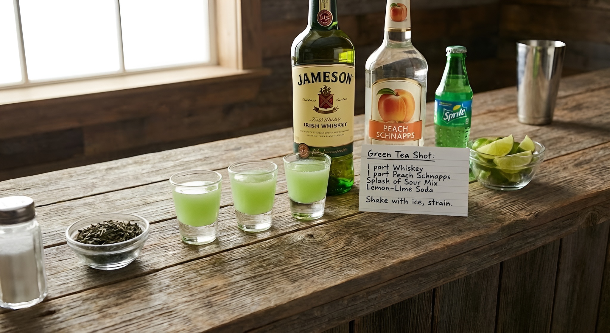 Four green tea shots lined up on a bar top