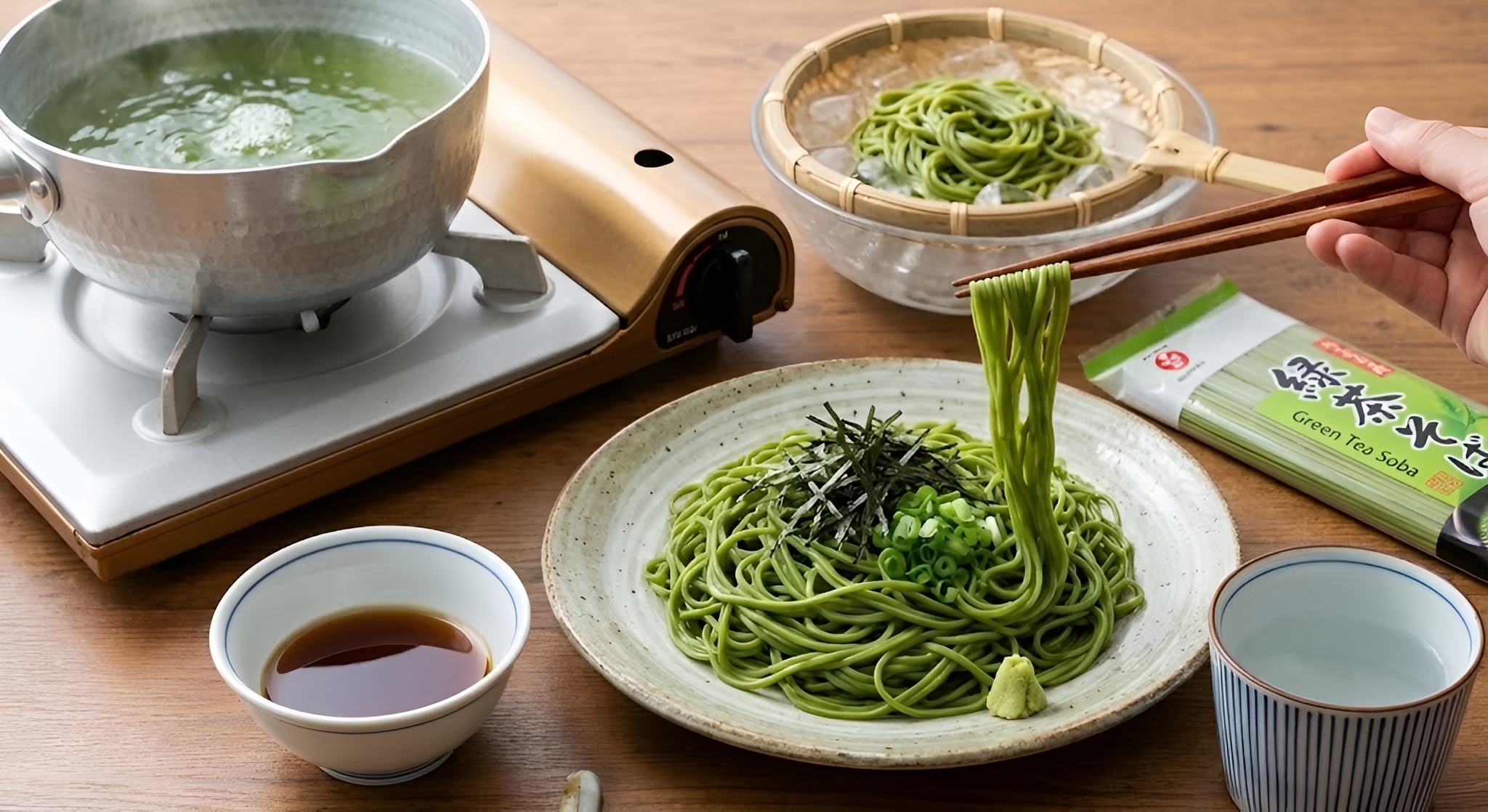 A plate of cold green soba noodles on a bamboo mat