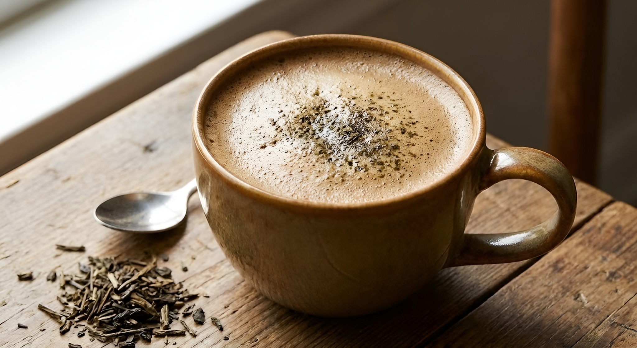 A mug of brown, frothy Hojicha latte