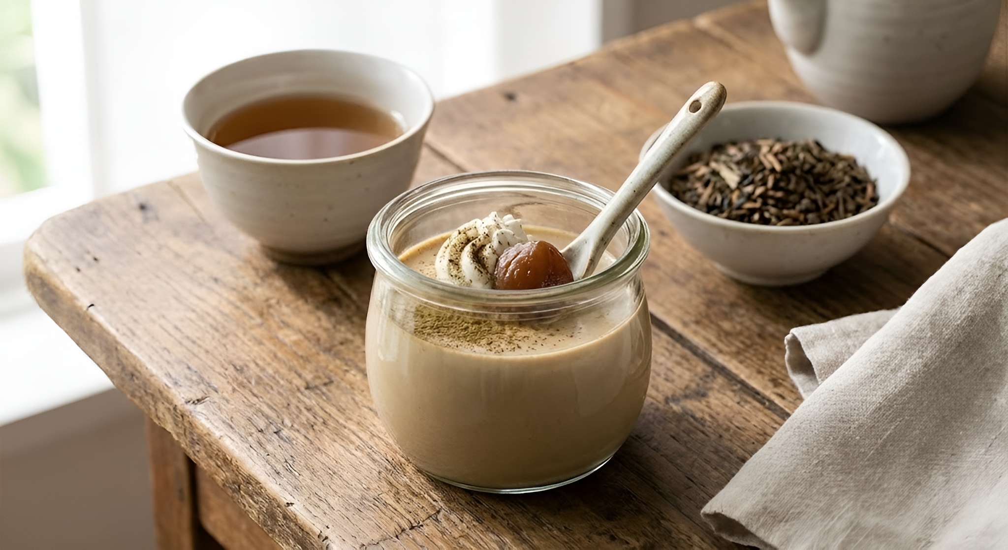 A jar of brown Hojicha pudding with spoon