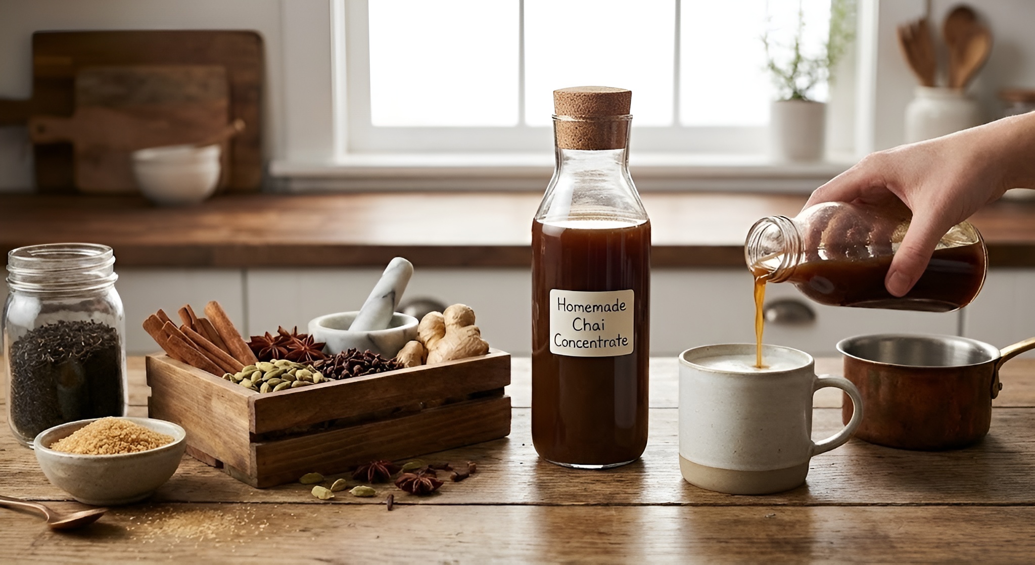 A glass bottle filled with dark chai concentrate next to cinnamon sticks.