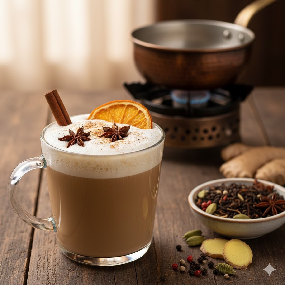 A steaming mug of chai latte