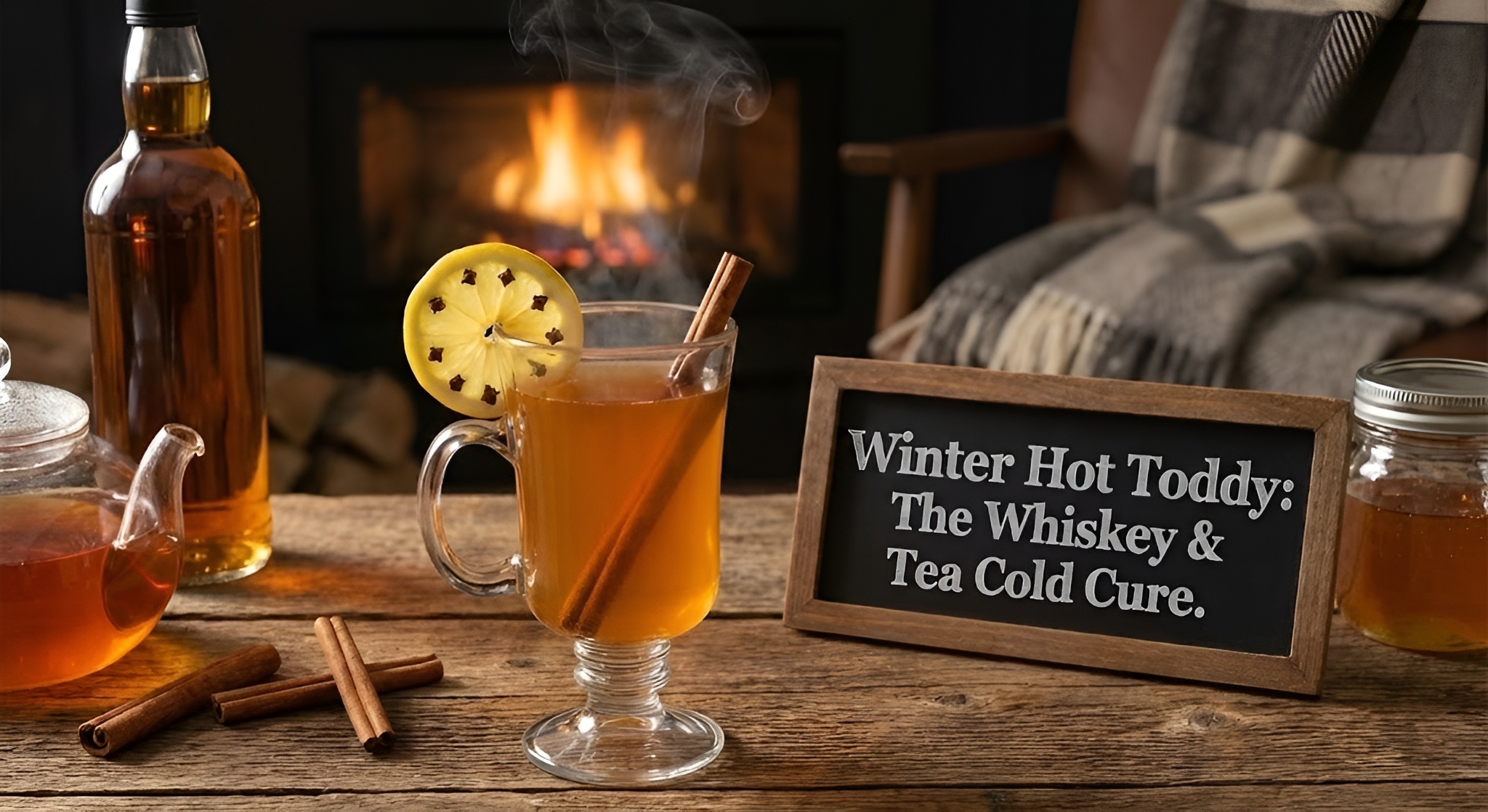 A glass mug of hot tea toddy with lemon
