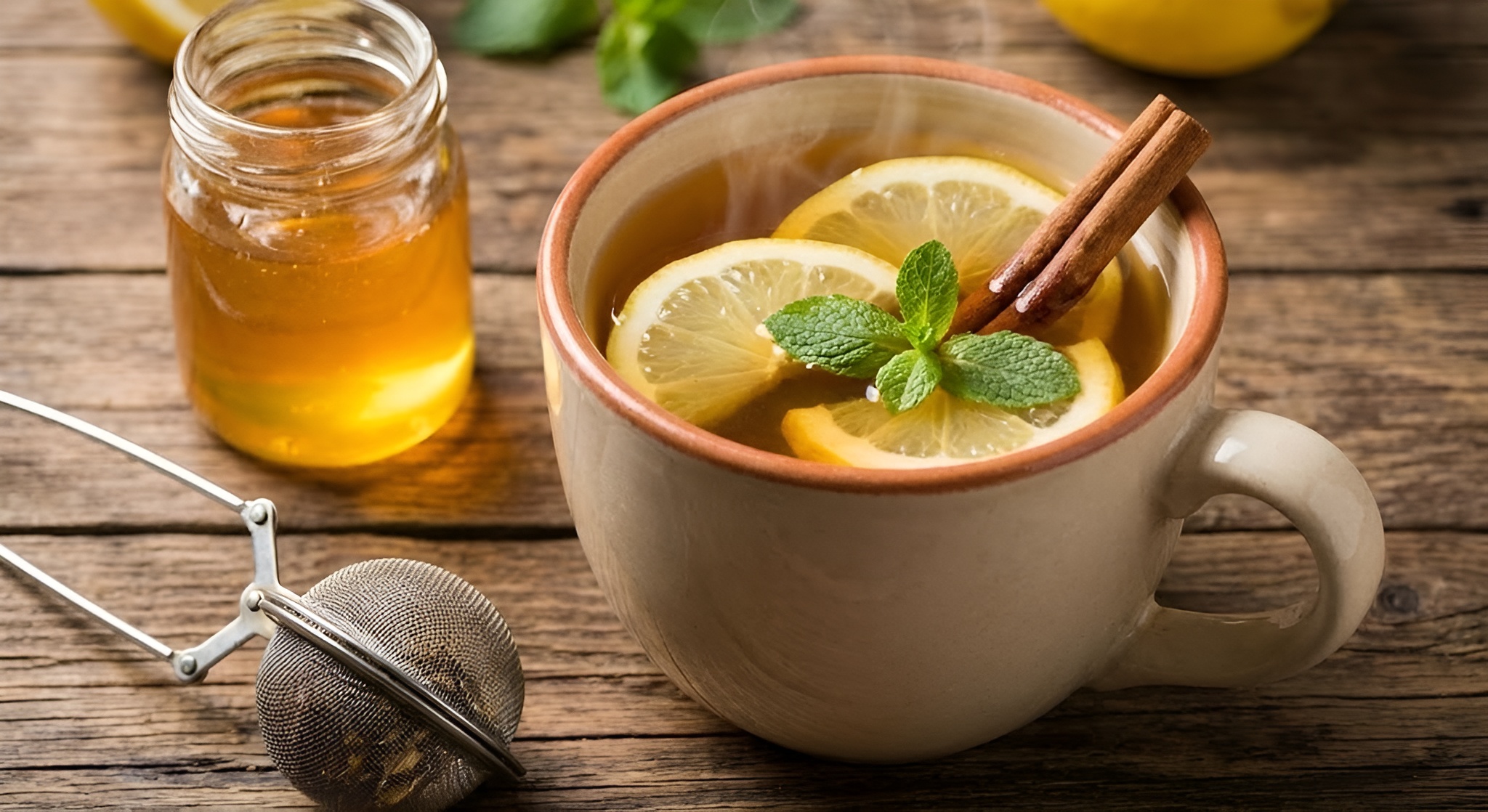 A mug of medicine ball tea with lemon and mint