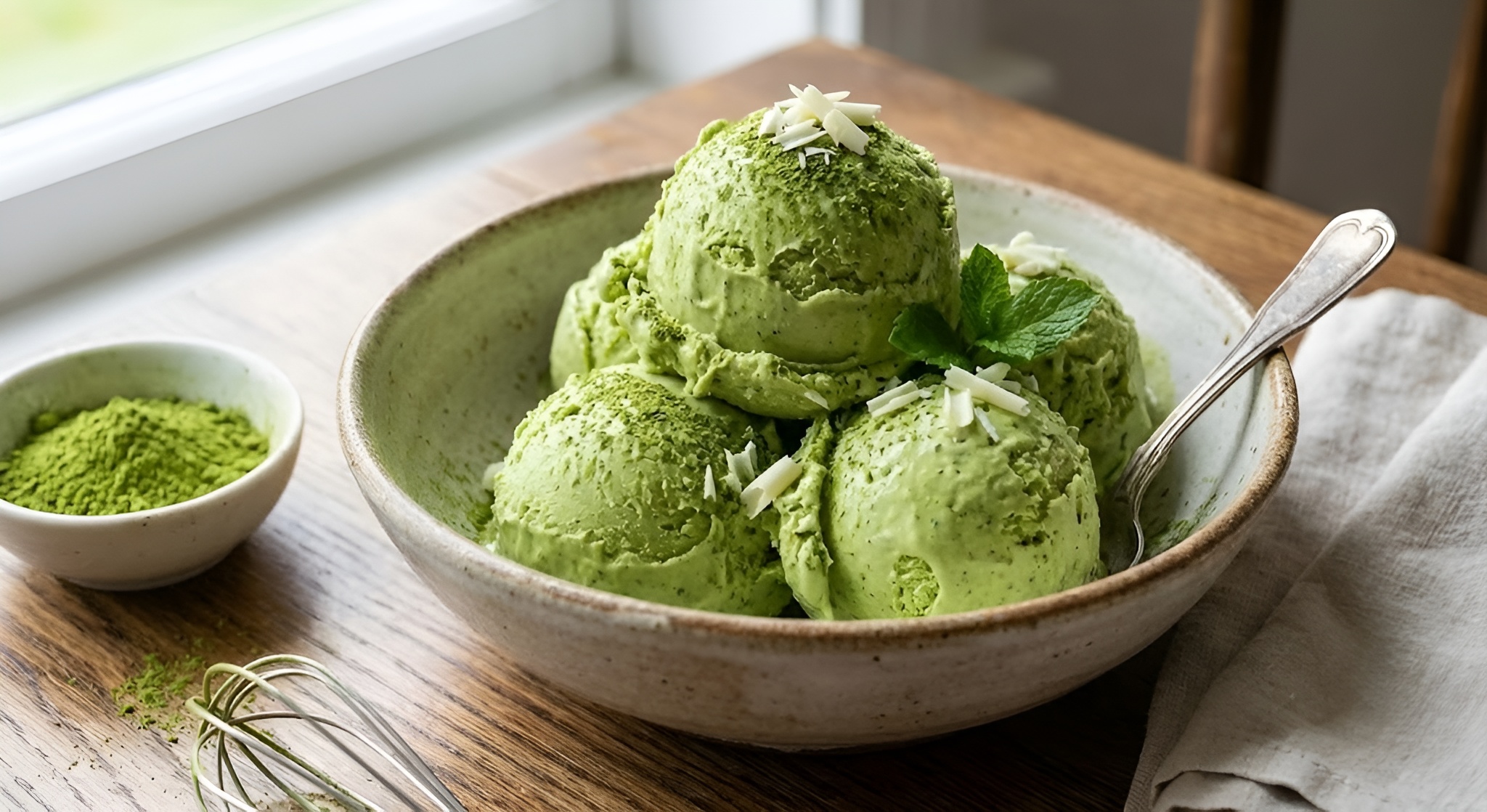 A scoop of bright green matcha ice cream in a bowl.