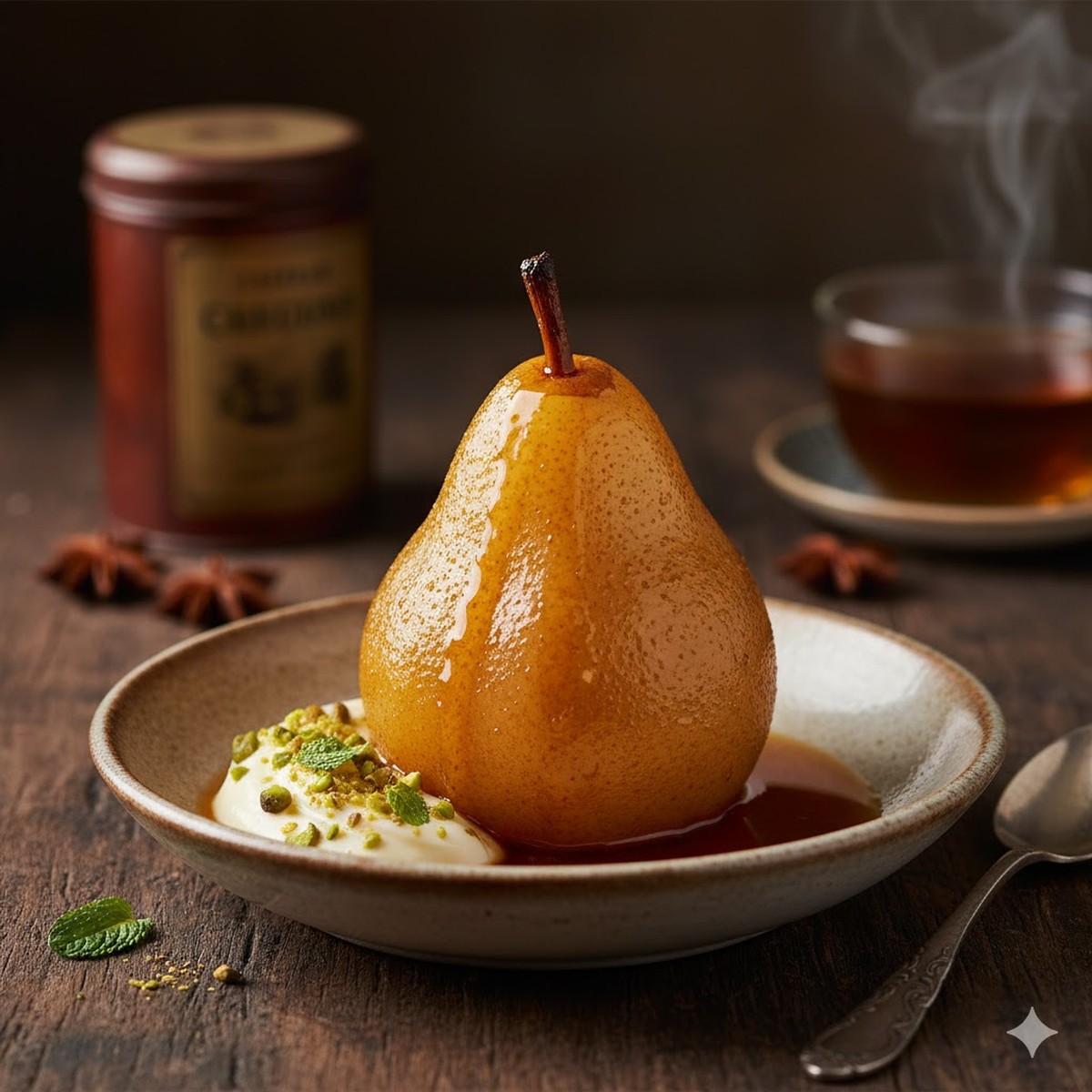 Poached pears in a bowl with syrup