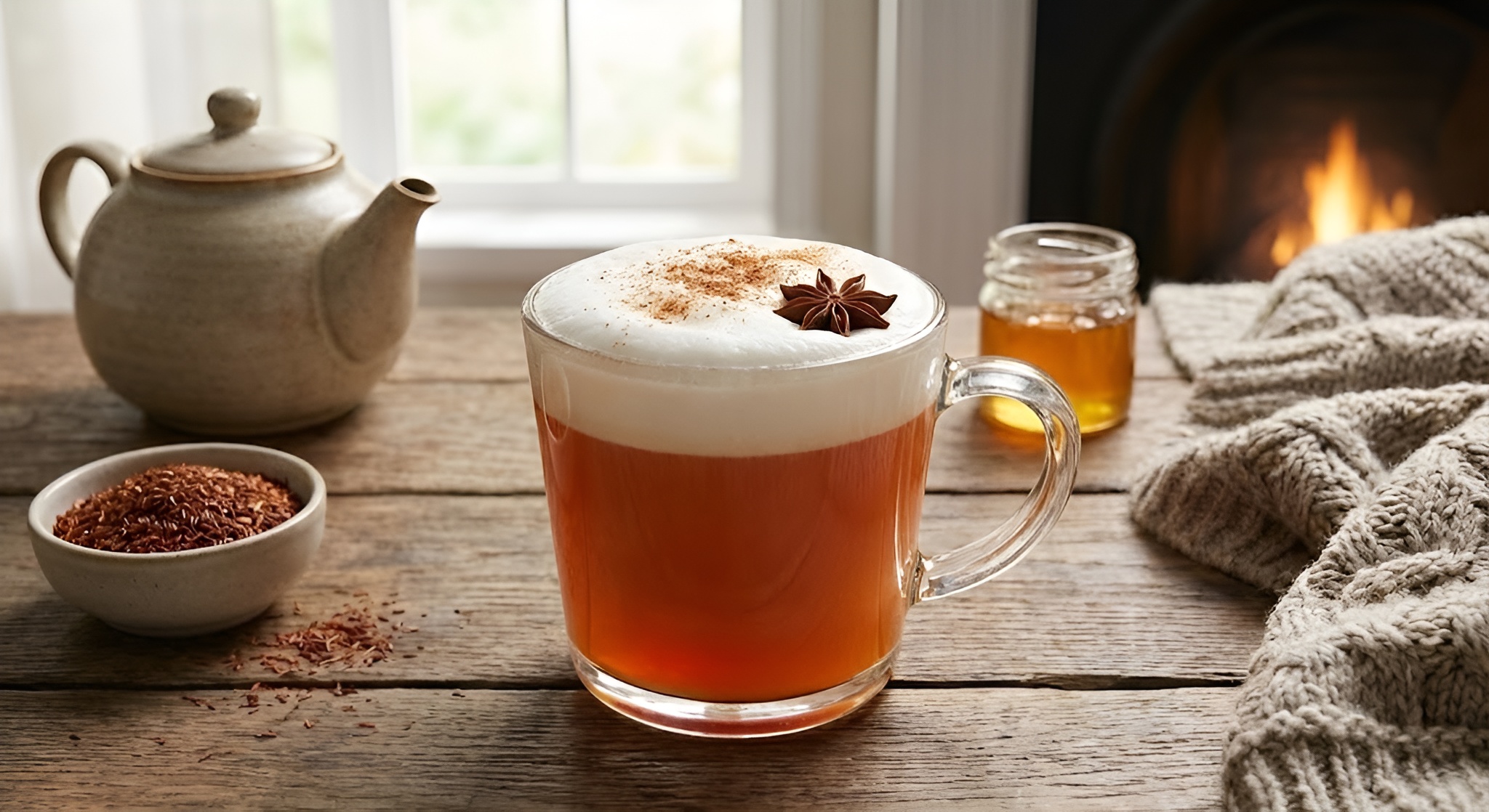 A layered red rooibos latte with cinnamon foam