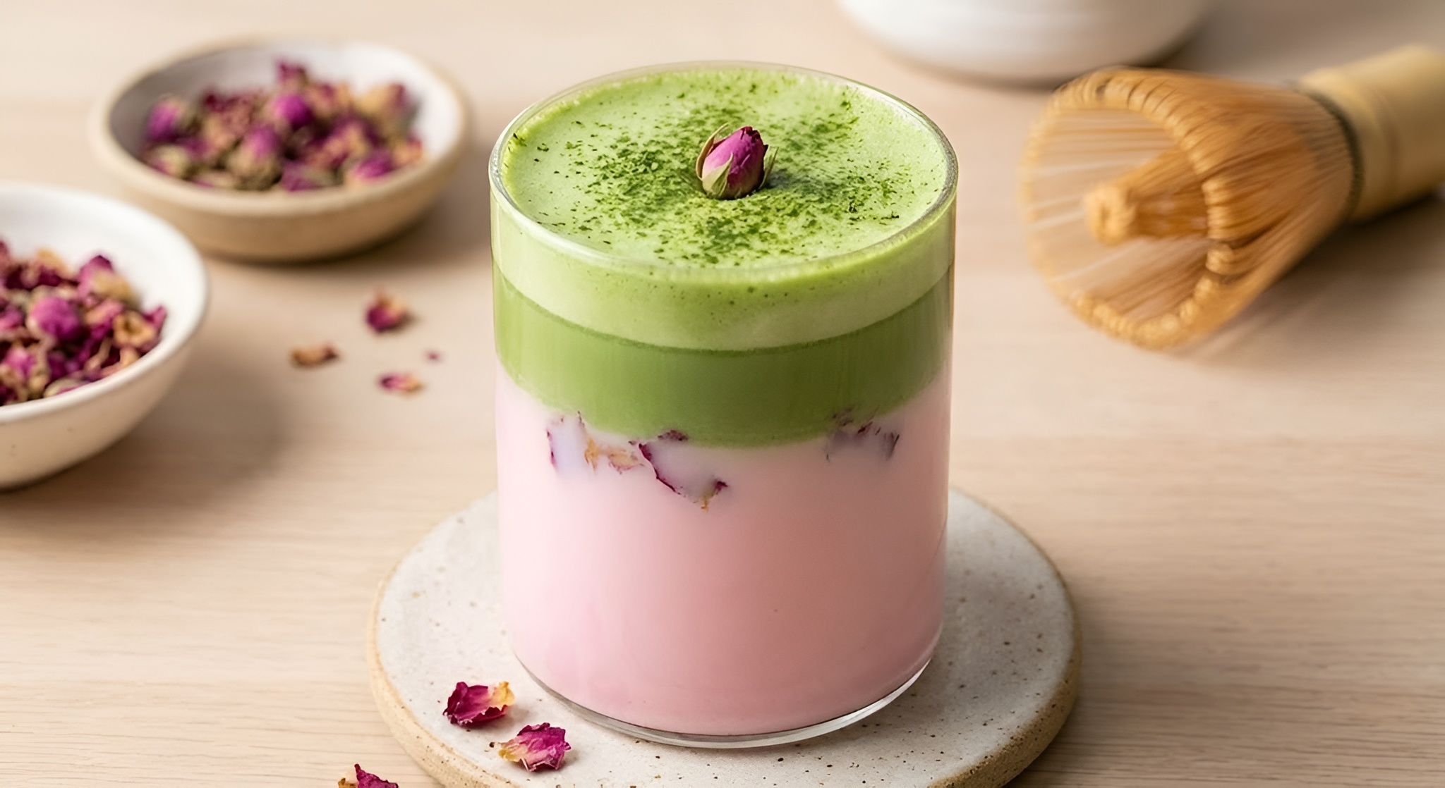 A layered iced latte with pink rose milk and green matcha