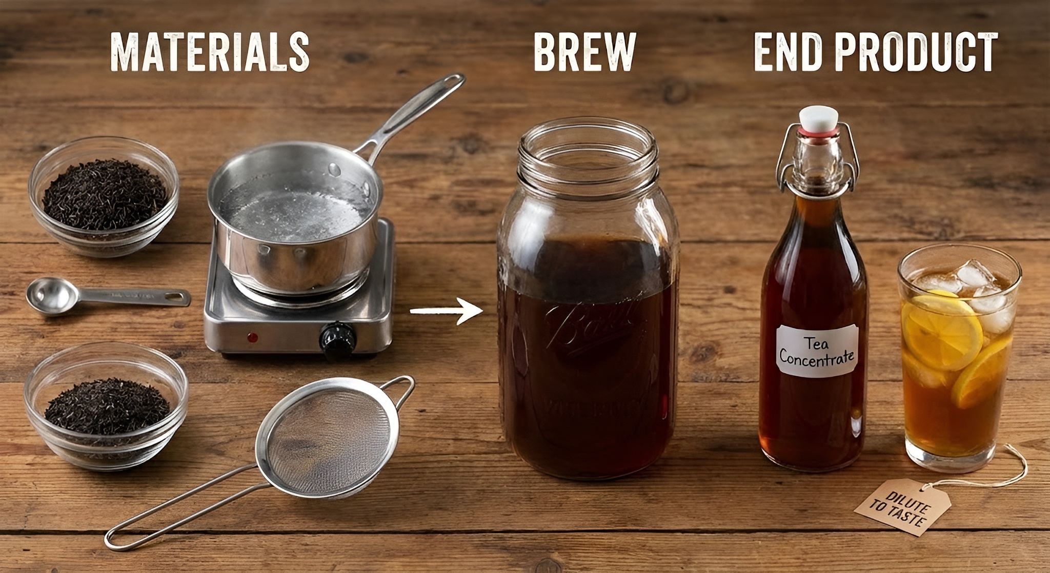 A glass bottle of dark amber tea concentrate next to a glass of iced milk