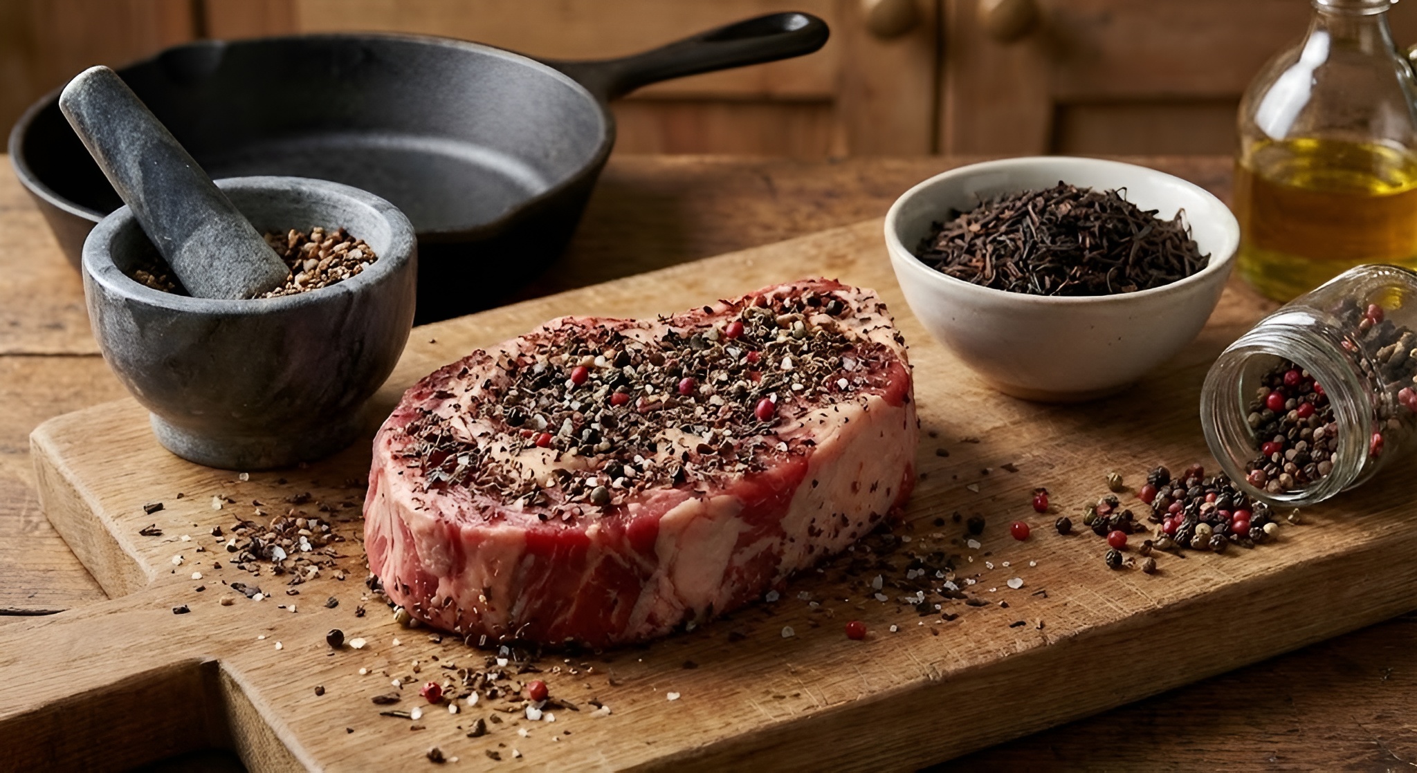 A seared steak with a dark tea spice crust