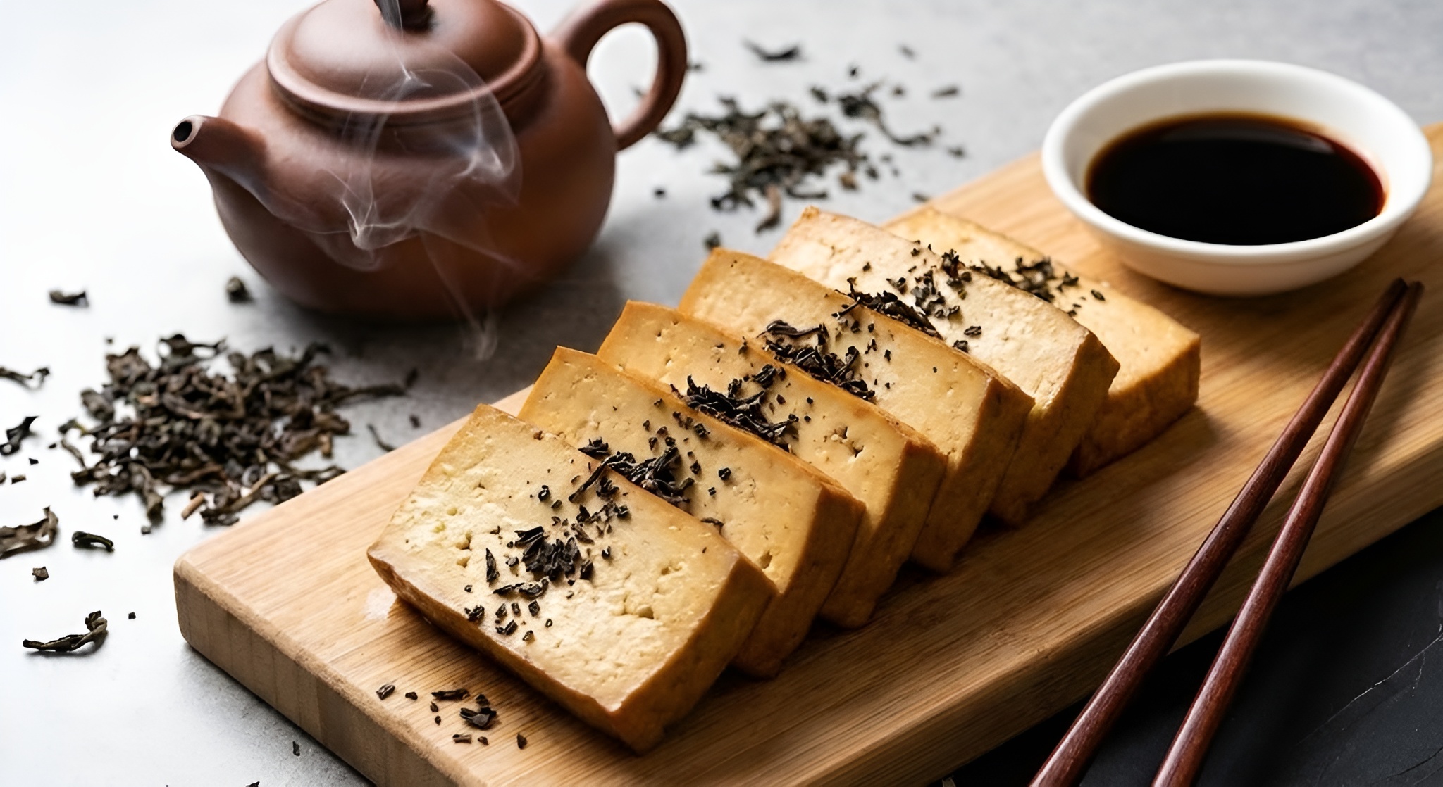 Golden brown tea smoked tofu slices