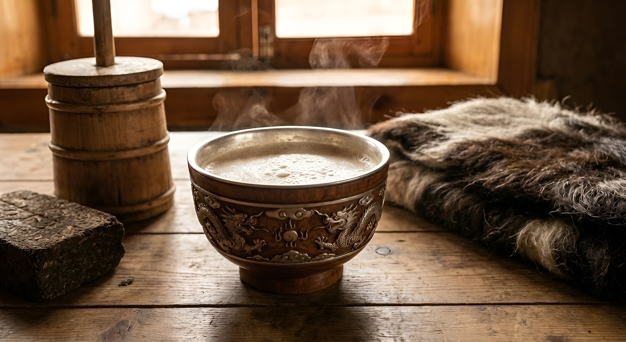 A wooden bowl of creamy butter tea
