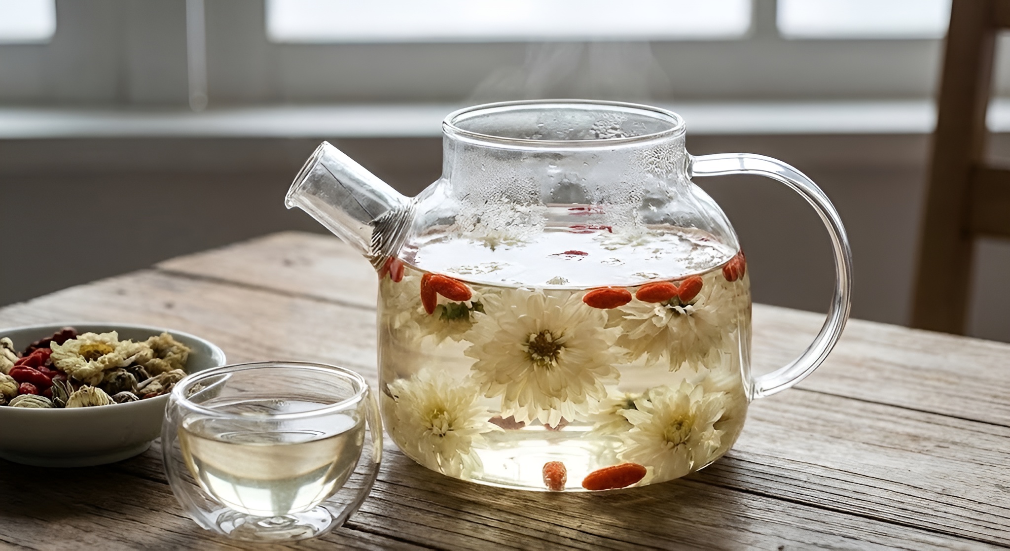 A glass teapot filled with blooming white chrysanthemum flowers and goji berries.