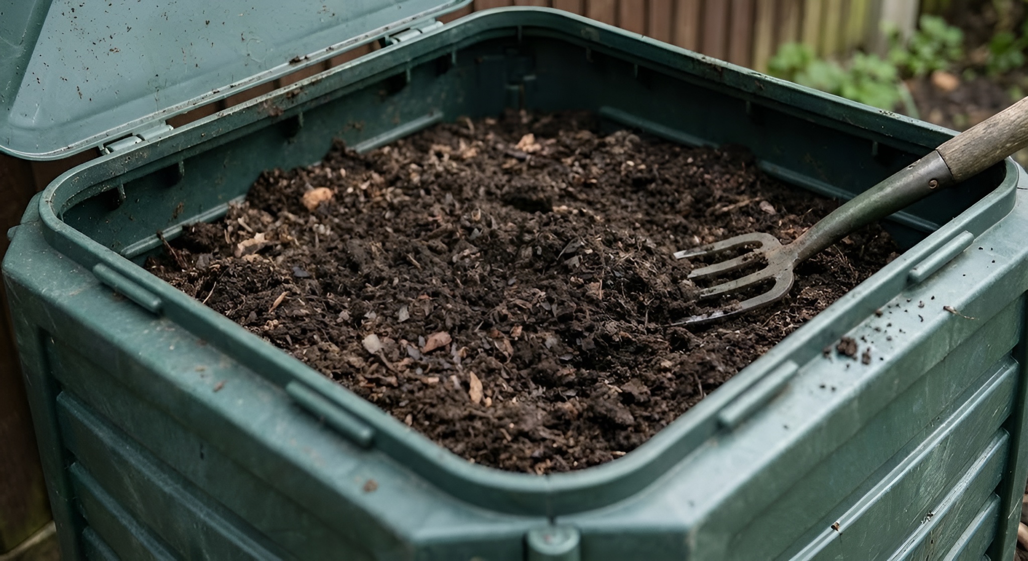 A compost bin filled with rich soil and fully decomposed tea leaves.