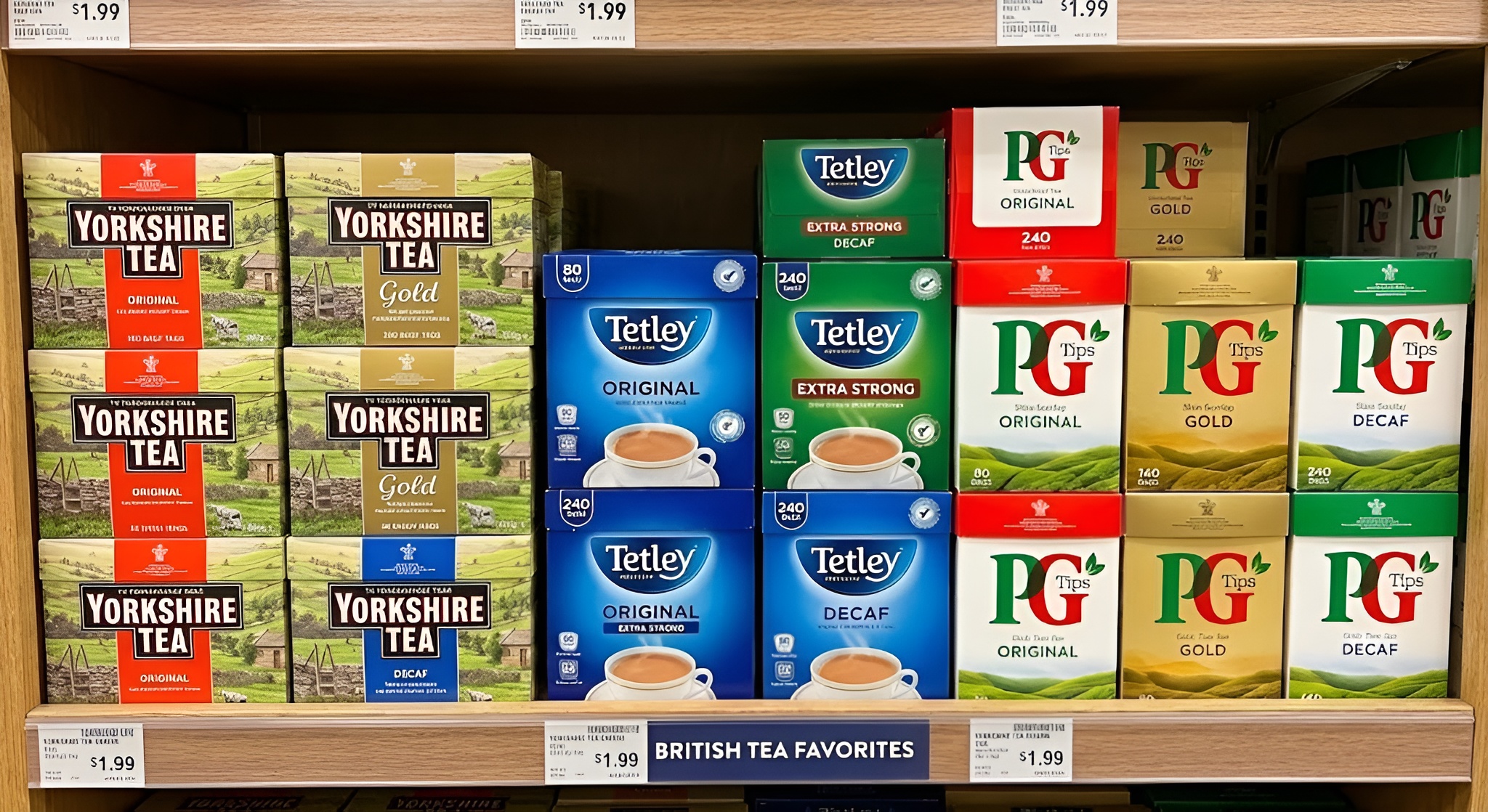 A selection of Yorkshire Tea, Tetley, and PG Tips boxes.