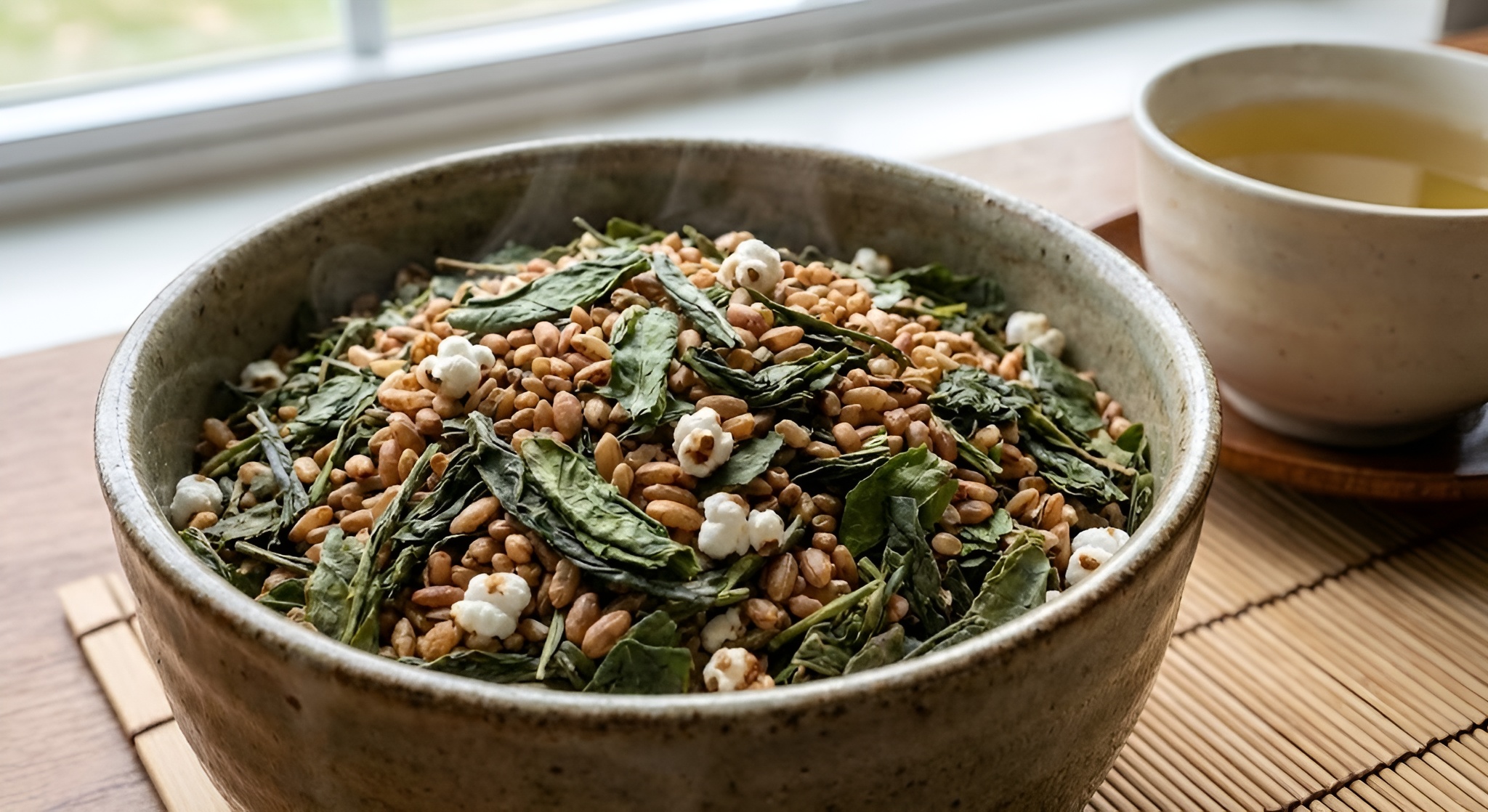 A bowl of Genmaicha showing the toasted rice kernels.