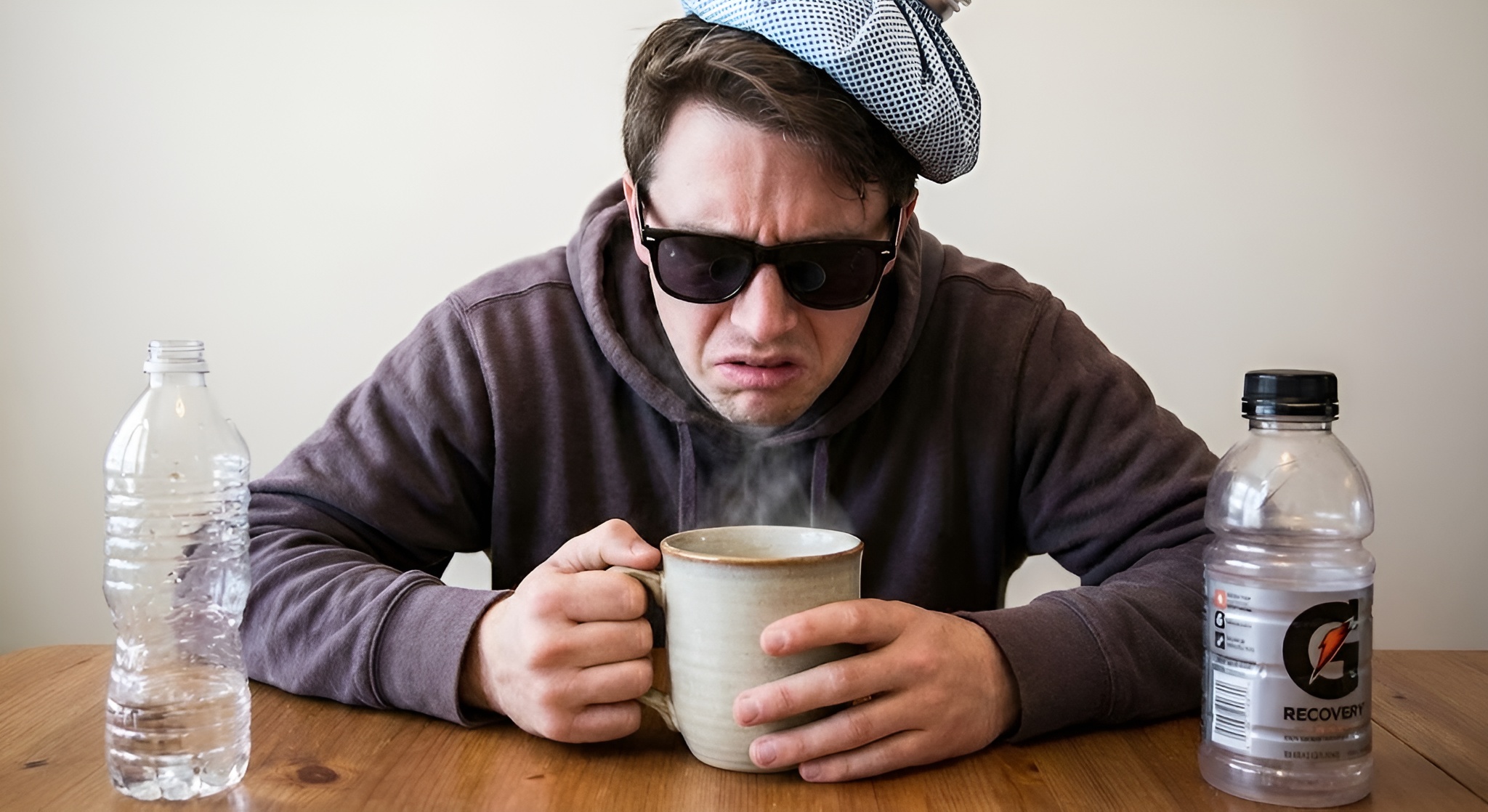 A person holding a soothing cup of tea with sunglasses on, looking recovering
