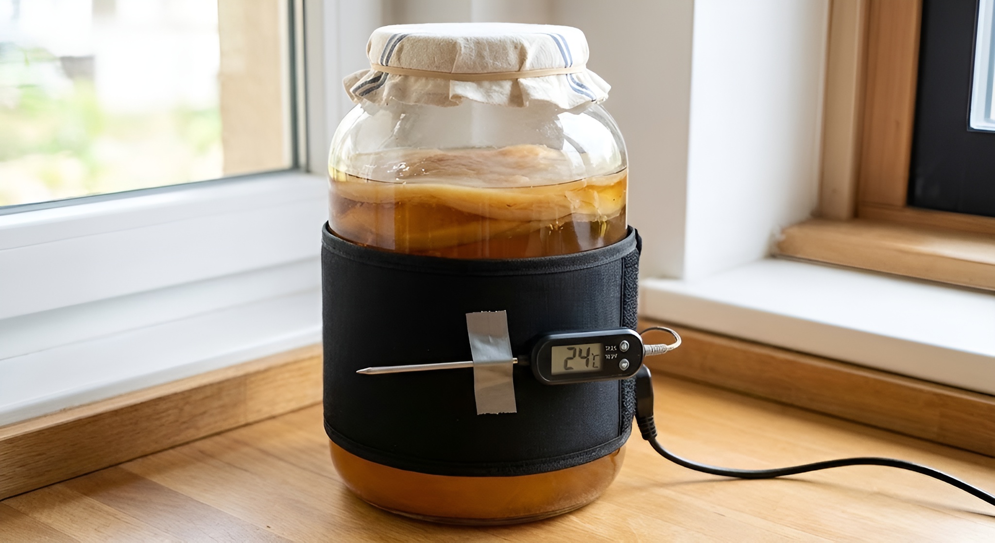 A kombucha jar wrapped in a heating belt.