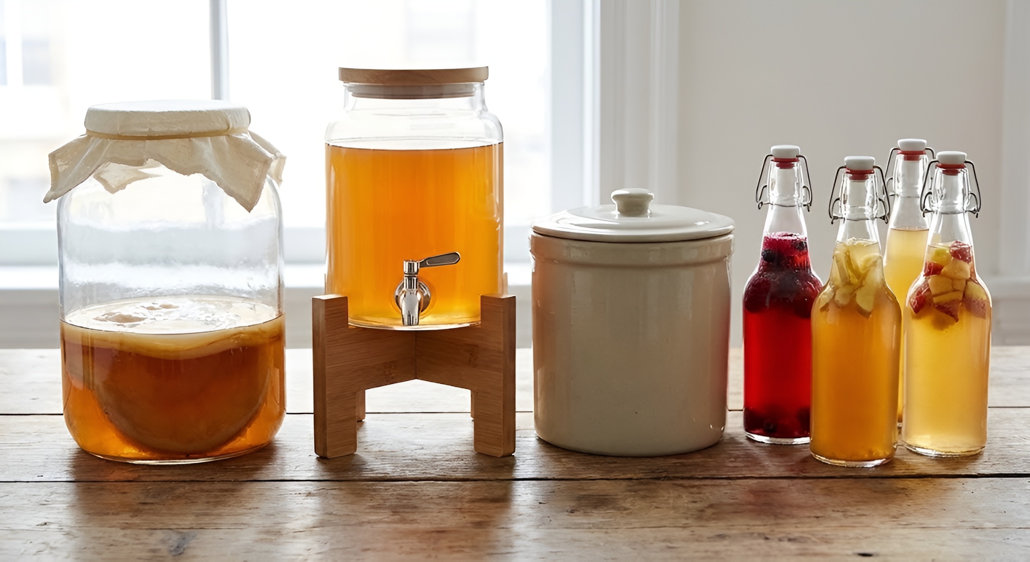 A large glass kombucha dispenser with a stainless steel tap.