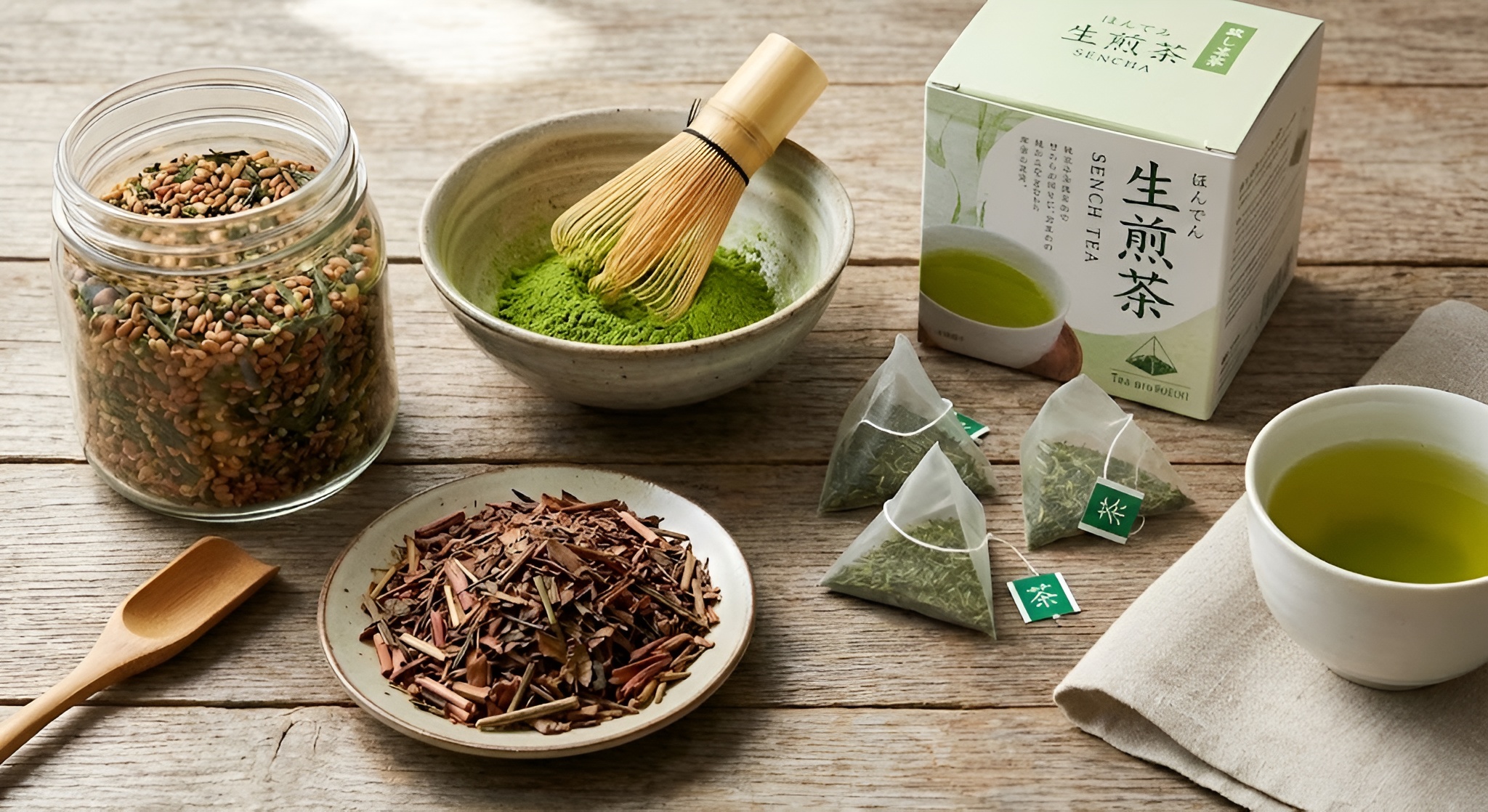 Cups of Hojicha and Genmaicha tea.